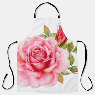Watercolor illustration of a delicate pink rose wi apron