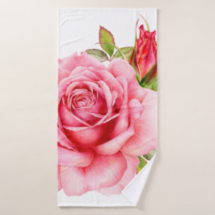 Watercolor illustration of a delicate pink rose wi bath towel