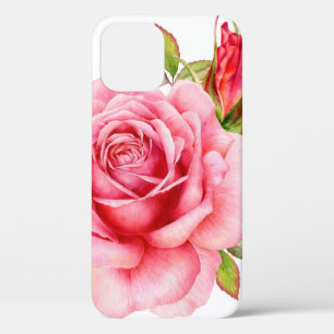 Watercolor illustration of a delicate pink rose wi iPhone 12 case