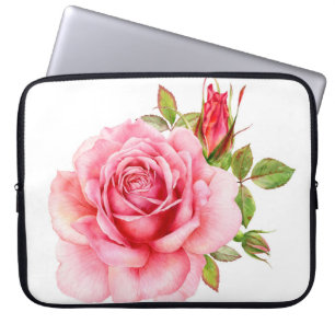 Watercolor illustration of a delicate pink rose wi laptop sleeve