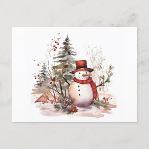 Watercolor illustration of a snowman in a hat and  postcard