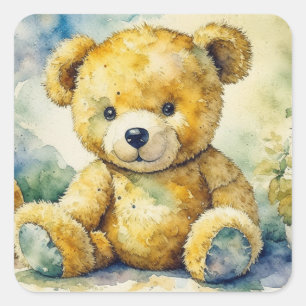 Watercolor Illustration of a Teddy Bear Thank You Square Sticker