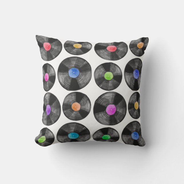 Watercolor illustration of a vinyl lp retro record cushion (Front)