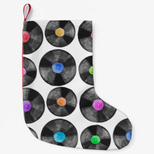 Watercolor illustration of a vinyl lp retro record small christmas stocking