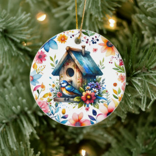 Watercolor Illustration of Birdhouse and Bird Ceramic Tree Decoration