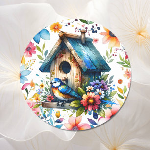Watercolor Illustration of Birdhouse and Bird Classic Round Sticker