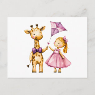 Watercolor Illustration of Giraffe and Girl Flying Postcard