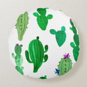 Watercolor illustration of green ink desert cactus round cushion