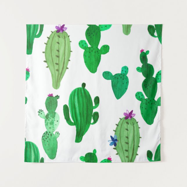 Watercolor illustration of green ink desert cactus tapestry (Front)