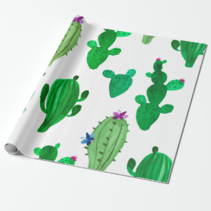 Watercolor illustration of green ink desert cactus wrapping paper