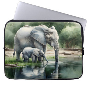 Watercolor Illustration of Mama and Baby Elephant Laptop Sleeve