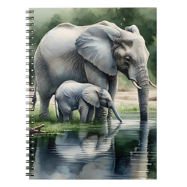 Watercolor Illustration of Mama and Baby Elephant Notebook (Front)