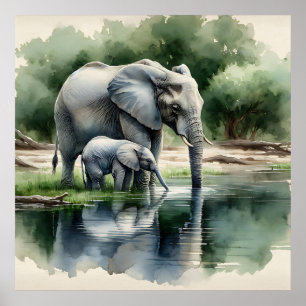 Watercolor Illustration of Mama and Baby Elephant Poster