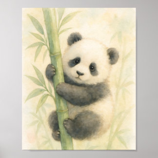 Watercolor Illustration of Panda Cub on Bamboo Poster