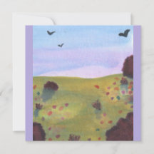 Watercolor Illustration Pasture Landscape Birds 