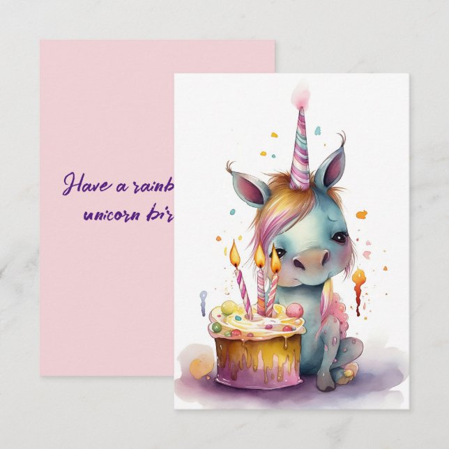 watercolor illustration rainbow unicorn birthday card (Front/Back)
