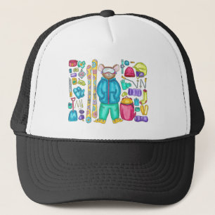 Watercolor Illustration Skiing Pika and Gear Trucker Hat