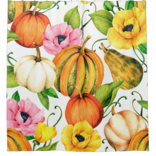 Watercolor illustration with pumpkins and sunflowe shower curtain