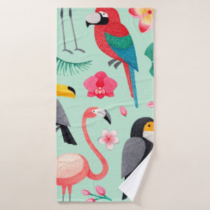 Watercolor illustrations of birds, tropical flower bath towel