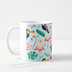Watercolor illustrations of birds, tropical flower coffee mug