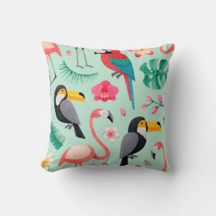 Watercolor illustrations of birds, tropical flower cushion