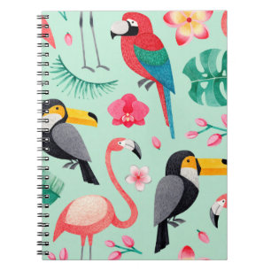 Watercolor illustrations of birds, tropical flower notebook