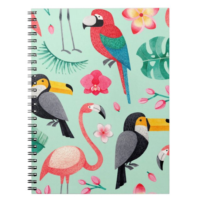 Watercolor illustrations of birds, tropical flower notebook (Front)