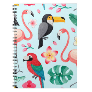 Watercolor illustrations of birds, tropical flower notebook