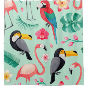Watercolor illustrations of birds, tropical flower shower curtain