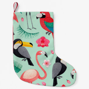 Watercolor illustrations of birds, tropical flower small christmas stocking