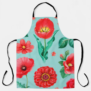 Watercolor illustrations of red flowers. Seamless  Apron