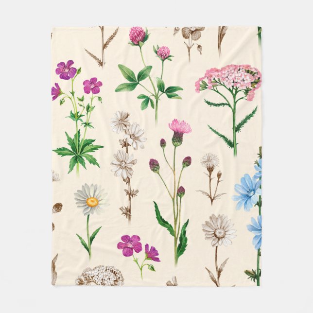 Watercolor illustrations of wild flowers. Seamless Fleece Blanket (Front)