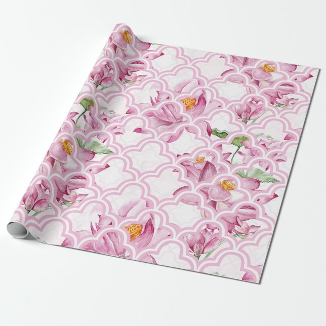 Watercolor Indian Lotus Flower Wrapping Paper (Unrolled)