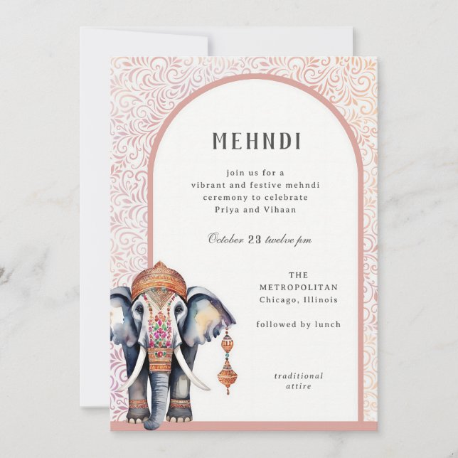 Watercolor Indian Wedding Elephant Mehndi Invitation (Front)