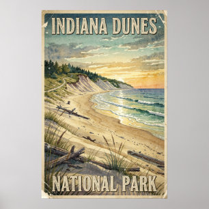 Watercolor Indiana Dunes National Park Retro Poster