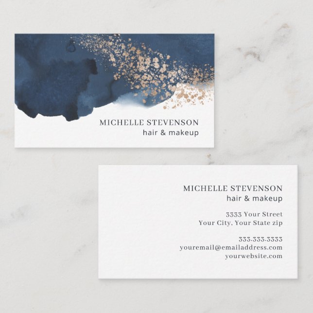 Watercolor Indigo Blue and Gold Artistic Business Card (Front/Back)