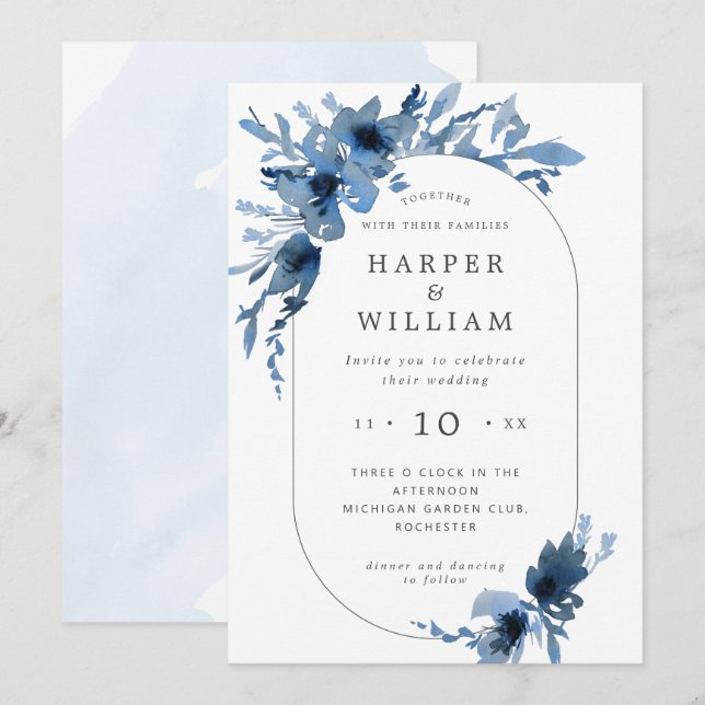 Watercolor indigo blue floral oblong frame invitation (Front/Back)