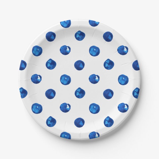 Watercolor indigo blue polka dots pattern paper plate (Front)
