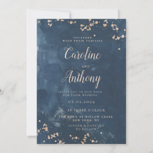 Watercolor Indigo Blue Rose gold Wedding Invitation
