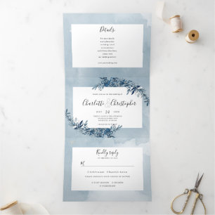 watercolor indigo blue rsvp attached Tri-Fold invitation