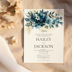 Watercolor indigo gold bouquet floral wedding  invitation