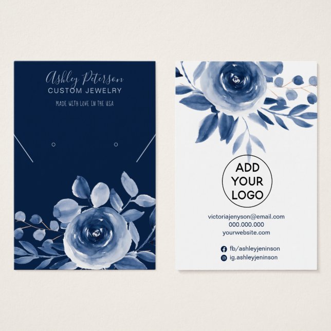 Watercolor indigo jewelry earring necklace display (Front & Back)