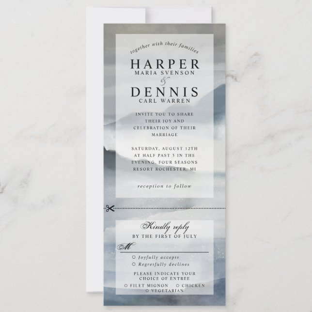 watercolor indigo mountains wedding invite w rsvp (Front)