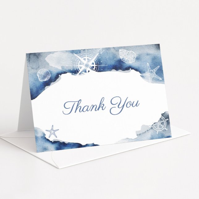 Watercolor Indigo Ocean Nautical Shower Birthday Thank You Card (Navy blue and white nautical theme baby shower baptism or birthday thank you card)