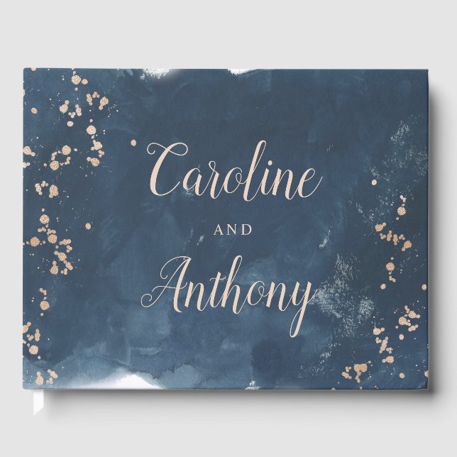 Watercolor Indigo shine gold Wedding Guest Book (Front)