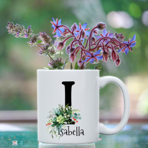 Watercolor initial eucalyptus red flower coffee mug