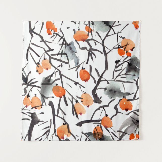 Watercolor Ink Berries Leaves Illustration Tapestry (Front)