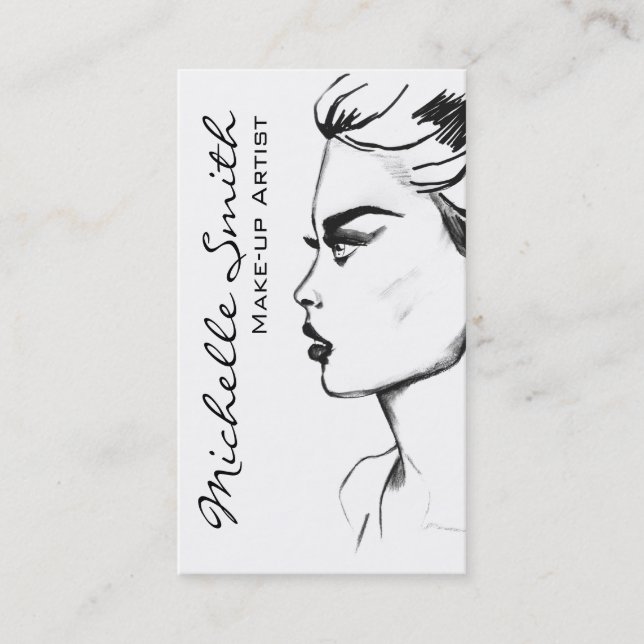 Watercolor ink black and white woman makeup business card (Front)