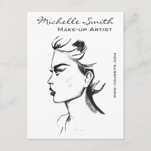 Watercolor ink black and white woman makeup postcard