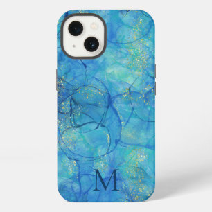 Watercolor Ink Blue & Gold + Monogram iPhone 13 Case